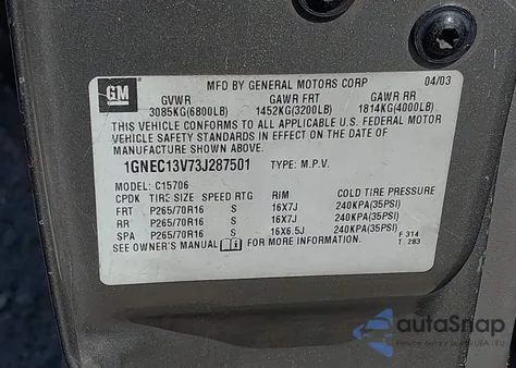 2003 Chevrolet Tahoe Ls из США, поврежденный, VIN 1GNEC13V73J287501